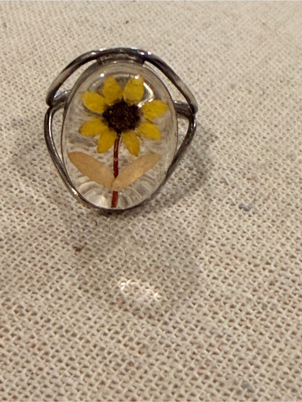 Sterling Silver Yellow Sunflower Floral Resin Adjustable Ring